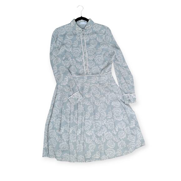 Downeast Collared Pleated Long Sleeve Button Floral Sage Green Dress Women Sz M - Picture 2 of 12